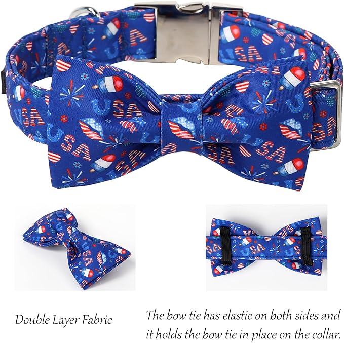 Lionet Paws 4th of July Dog Collar with Bowtie, Cute Summer Blue Dog Collar for Girl for Large Dogs, Adjustable Popsicle Pet Collars for Large Dogs