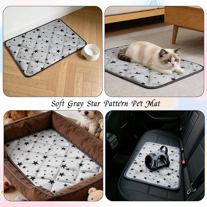 Pesonlook 4 Pack Self Warming Cat Bed Mats Self Heating Pet Mat Soft Gray Star Pattern Crate Pad Thermal Pet Mat Kennel Anti Slip Washable Warming Bed Mats for Outdoor and Indoor (18 x 24 inch)