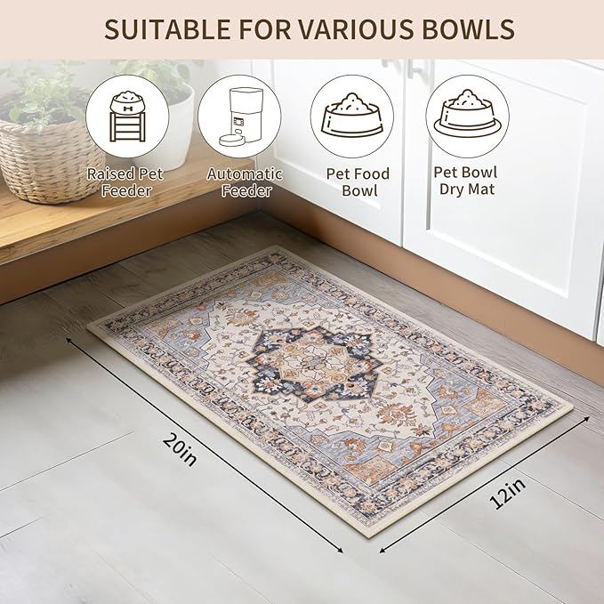 Boho Dog Feeding Mat, Absorbent Cat Matt for Food, Non Slip Pet Water Bowl Placemat Small for Floor, Cream & Terracotta & Blue Indoor Dog Eating Dish Mat 12"x20"