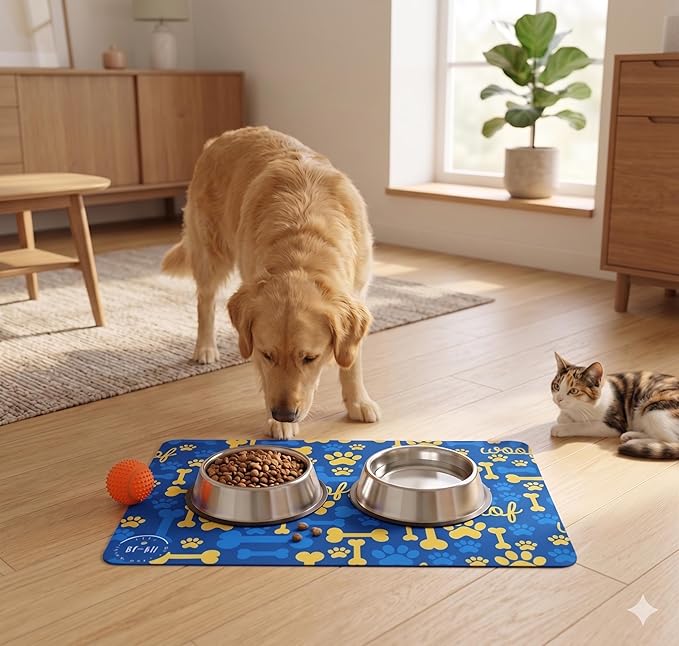 BE-KH Absorbent Pet Feeding Mat for Dogs & Cats, Quick Dry Dog Bowl Mat for Food and Water, Ultra-Thin, Non-Slip Rubber & Polyester, Waterproof & Machine Washable, Happy Woof, 16x12 in (40x30 cm)