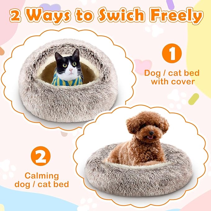 Cinnvoice 2 Pcs Self Warming Cat Beds with Hood, Self Heating Dog Cave Bed, Fluffy Round Covered Pet Pad, Plush Hooded Pet Beds with Non-Slip Bottom for Indoor Cat or Small Middle Dog(Coffee,24 in)
