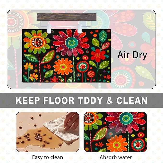 HOMETITUTE Vibrant Flower Pattern Pet Food Mat Spill-Proof Cat Feeding Mats Non-Slip Mat for Dog Food and Water Bowls Trendy Easy Clean Fast Dry Cat Food Mats for Indoor Cats 20" x 12"