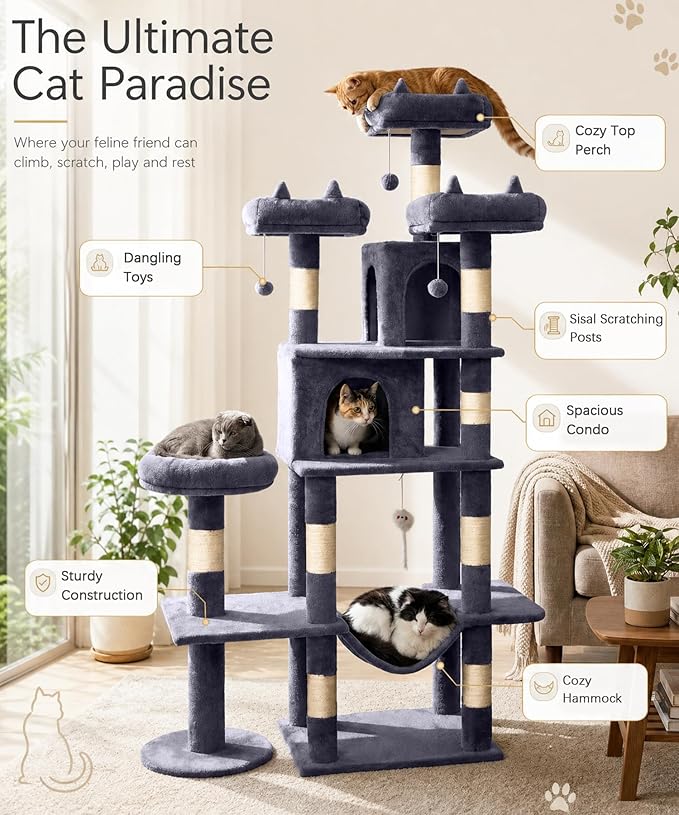 Heavy Duty Cat Tree for Indoor Cat, 71 Inch Large Cat Tower with Scratching Post and Top Perch, Hammock, Big Cat Condo for Adult Cats Kittens, PMT03DG, Dark Grey