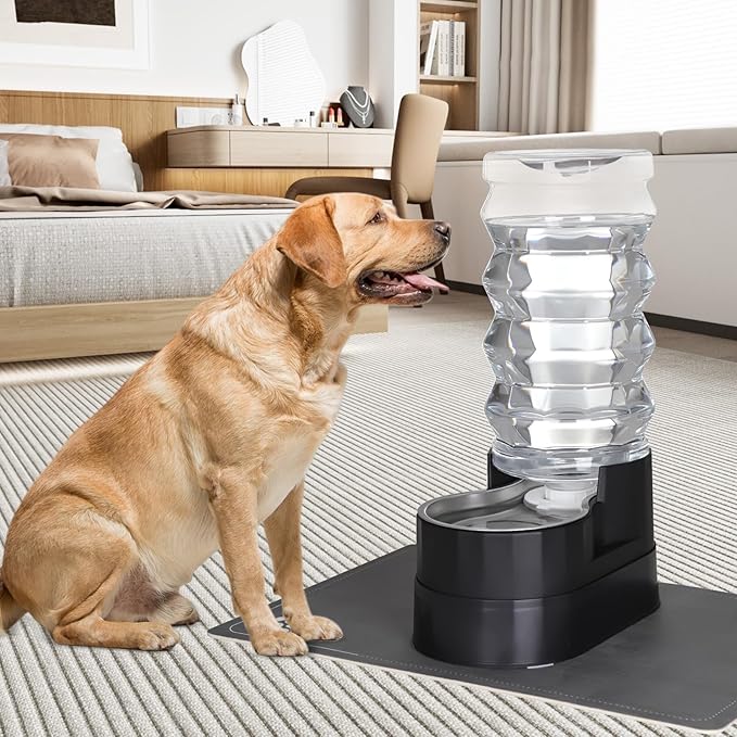 RIZZARI Black 9L Gravity Dog Water Dispenser - Ion Exchange & Carbon Filtration, Raised Base for Senior Dogs, Spill-Resistant, Includes 2 Filters & Caps, with Stainless Steel Bowl, for Multi-Dog Homes