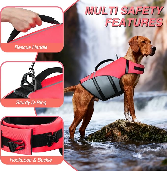 VIVAGLORY Sports Style Dog Life Vest, Dog Life Jacket for Swimming & Boating, Ripstop & Buoyancy for Puppy Doggy, Lifejacket with Handle, L, Bright Pink