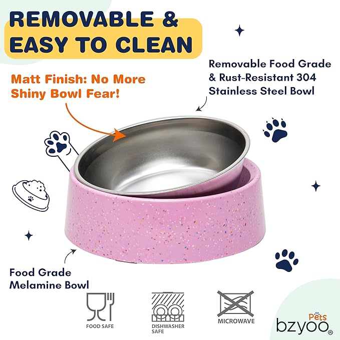 bzyoo 32oz 4CUP Dog & Cat Bowl, Sprinkle Design, Slanted Stainless Steel Pet Bowl with Removable Inner Bowl, Non-Slip Silicone Base, Dishwasher Safe, for Dry/Wet/Raw Food & Water (Pink)