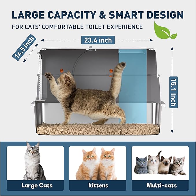 Stainless Steel Cat Litter Box - Gray High-Sided Enclosed Design, Anti-Leak, Reduces-Odors, Non-Sticky, Easy to Clean, Metal Cat Litter Box, High Side Includes Scoop and Steps, Large Capacity Kitty