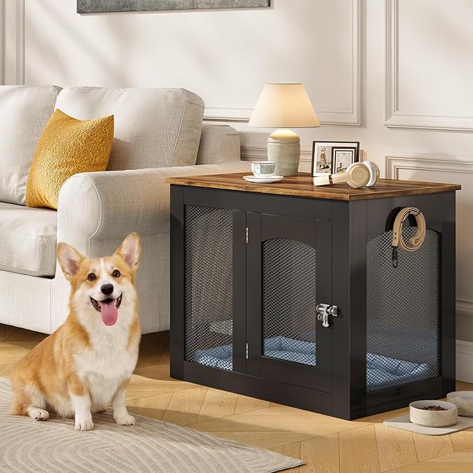 CHOEZON Wooden 30.1" Dog Crate Furniture, Farmhouse Pet Cage End Table with Secure Lock, Ventilated Mesh for Medium Dogs, Dog Kennel Furniture for Living Room, Bedroom, Black and Walnut MGW02BL