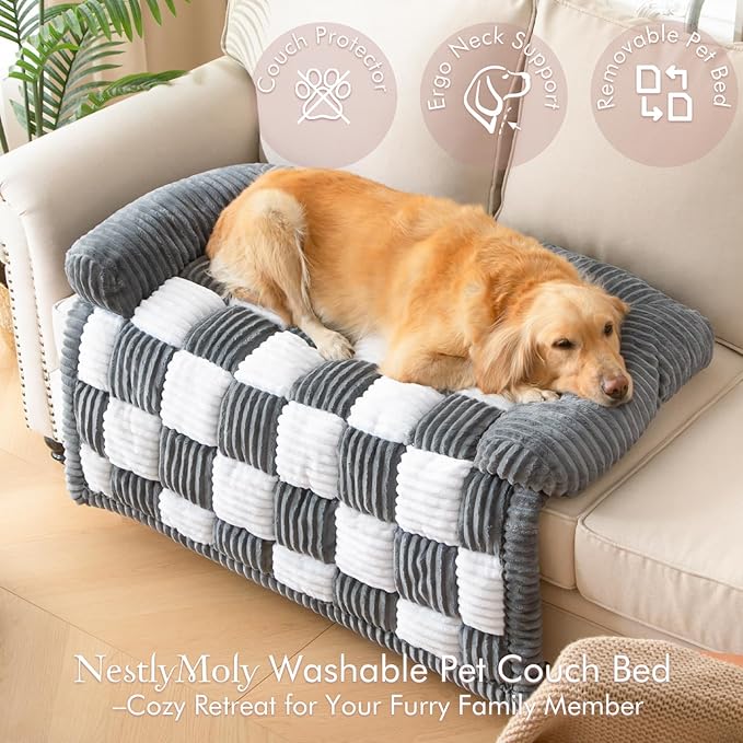 Dog Bed for Couch with Bolster, Comfy Couch Cover for Dogs Washable, Non-Slip Plush Furniture Protector, Calming Fuzzy Lounge Mat, Pet Sofa Accessories (Grey, X-Large)