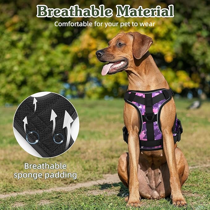 VavoPaw Heavy Duty Tactical Dog Harness for Large Dogs, No Pull Adjustable Pet Harness Reflective Service Training Easy Control Pet Vest Military K9 Working Dog Harnesses, Purple Camouflage, L