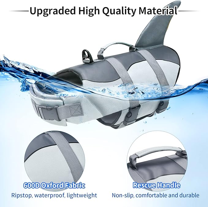 Malier Dog Life Jacket, Ripstop Dog Life Vest with High Buoyancy for Swimming Boating, High Visibility Shark Puupy Lifesaver for Small Medium Large Dogs (Gray, Large)