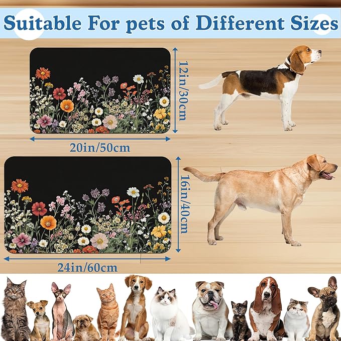 Vintage Wild Herbs Dog Cat Food Mat–Absorbent Waterproof Placemat for Food and Water Bowls, Non Slip Rubber Backing, Feeding Mat for Clean Floors 12"x20"