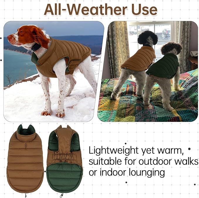 Lelepet Reversible Dog Coat Waterproof Dog Jacket Windproof Puffer Vest for Winter Warm Lightweight Coats for Small Dogs Adjustbale Hook & Loop Pet Apparel with Leash Hole, Pug, Brown, M