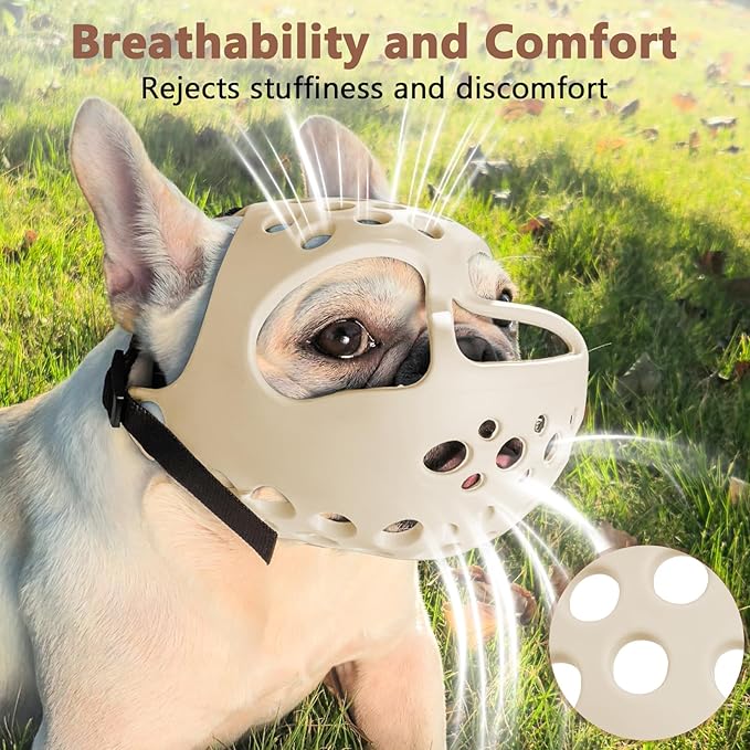 BARKLESS Short Snout Dog Muzzle, Soft Silicone Flat Faced Muzzle for French Bulldog Shih Tzu and Pug for Biting Chewing Licking and Grooming, Allows Panting (S, Khaki)