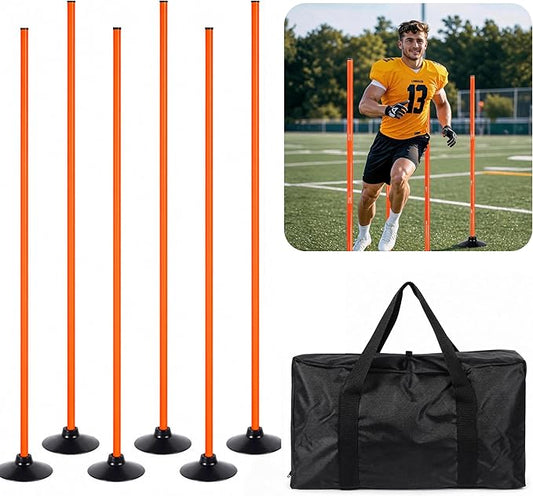 6 Pack Soccer Agility Training Poles, 5 FT Adjustable Speed and Agility Training Equipment for Football/Basketball/Dog Practice, Bending Poles for Horses with Rubber Bases and Carry Bag