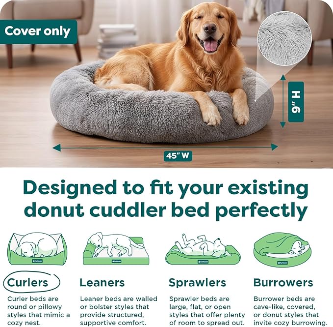FurHaven Replacement Dog Bed Cover, Long Faux Fur for Calming Cuddlers, Machine Washable, Customizable Filling, Jumbo XL, Faux Fur, Misty Gray