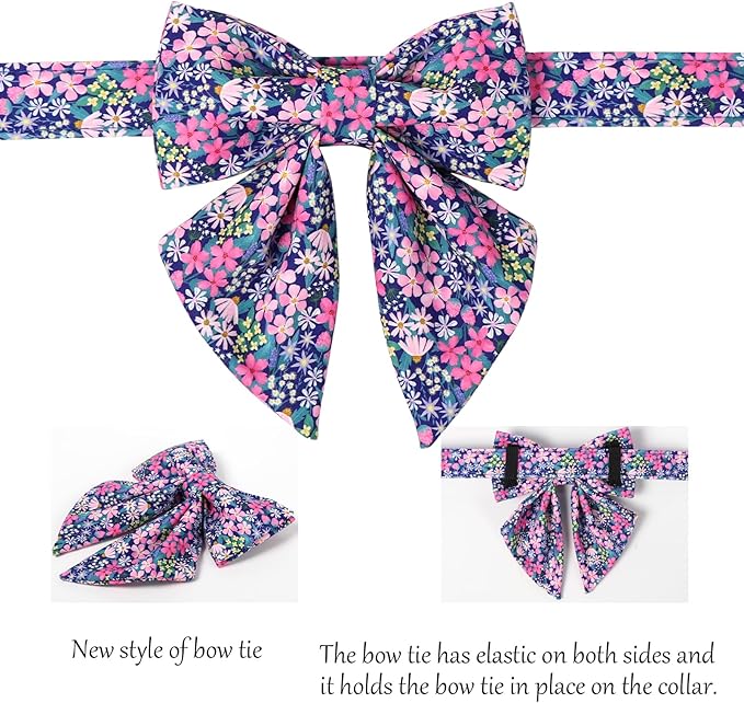 Lionet Paws Floral Dog Collar with Sailor Bow, Spring Wildflowers Daisy Fleabane Dog Collar Bow Tie for Puppies, XS, Neck 8-12 inches
