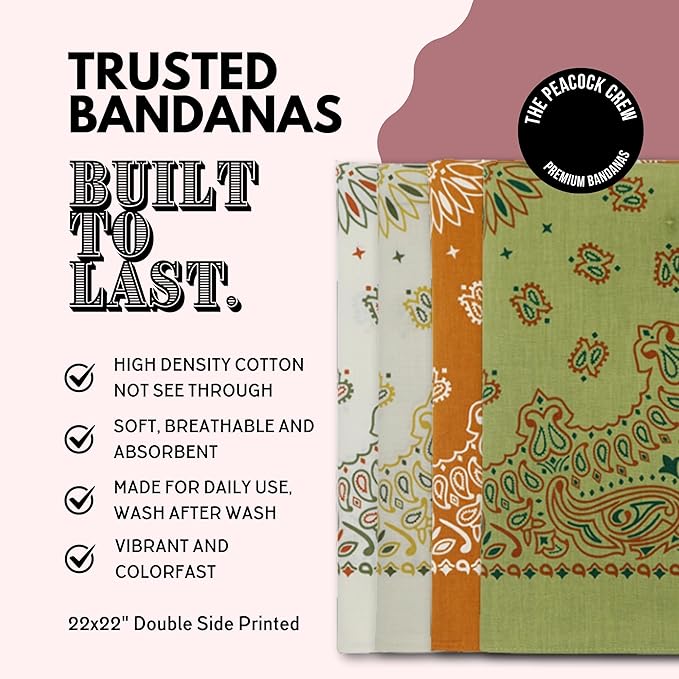The Peacock Crew Premium Soft Cotton Bandanas Pack for Men and Women Paisley 22 x 22 inches