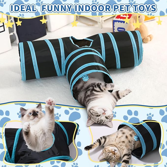 Pet Cat Tunnel, T-3 Way Tunnels for Indoor Cats, Collapsible Pet Tunnel for Kitten, Puppy, Rabbit, 25cm-Wide Tunnels, Durable & Breathable, with Peek Hole Toy Ball