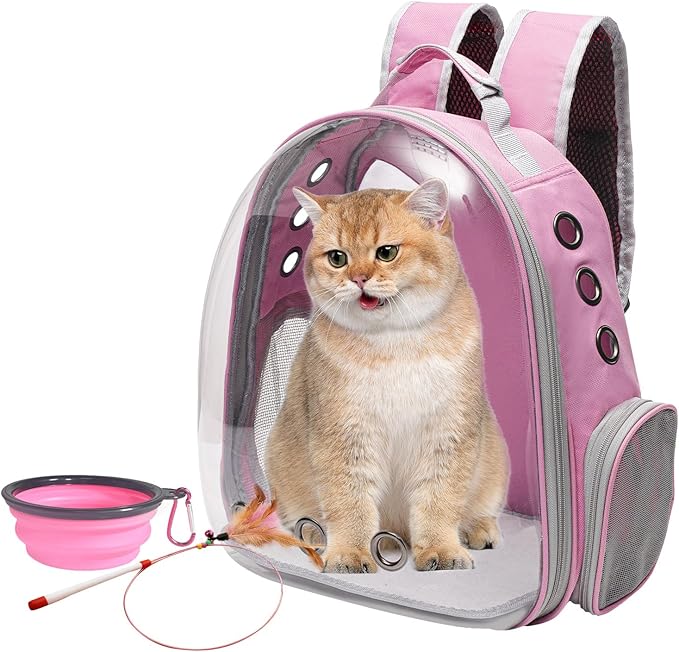 Vivicreate Large Cat Backpack Carrier with Folding Bowl and Teaser Stick for Cats up to 20lbs with Ventilation and Padded Straps Mochila para Gatos transportadora mascotas (Pink)
