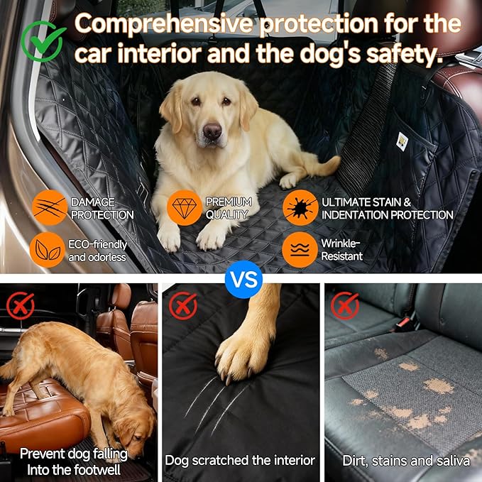 PETTALK Deluxe Dog Car Cover for Back Seat, Waterproof Reversible Dog Hammock for Backseat Non-Slip Pet Cover for Dogs with Mesh Window, Anti Scratch Seat Protector Universal Fit for Cars SUVs Trucks