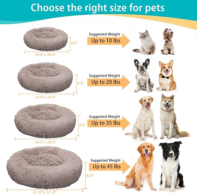 Calming Small Dog Bed, Donut Fluffy Anti-Anxiety Round Washable Cute Bed, Plush Cozy Cuddler Warming Soft Comfort Pet Bed for Small Medium Dogs Cats, 28inch,Brown