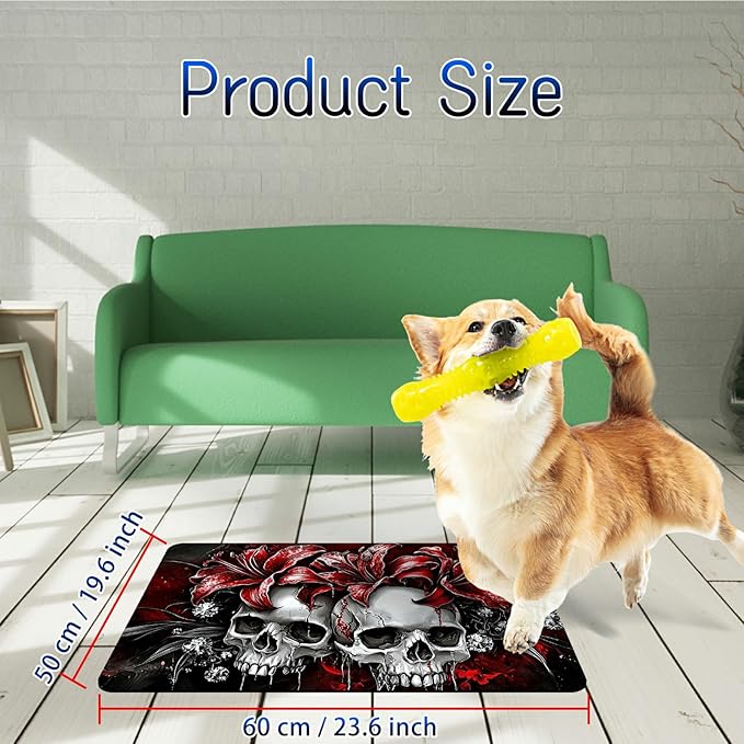 Dog Food Mat, 19.6" x 23.6" Absorbent Pet Feeding Mat for Food and Water, Waterproof Diatom Mud Pet Placemat with Non-Slip Rubber Backing, Easy Clean Cat Bowl Mat for Floors - Red Lily Skull