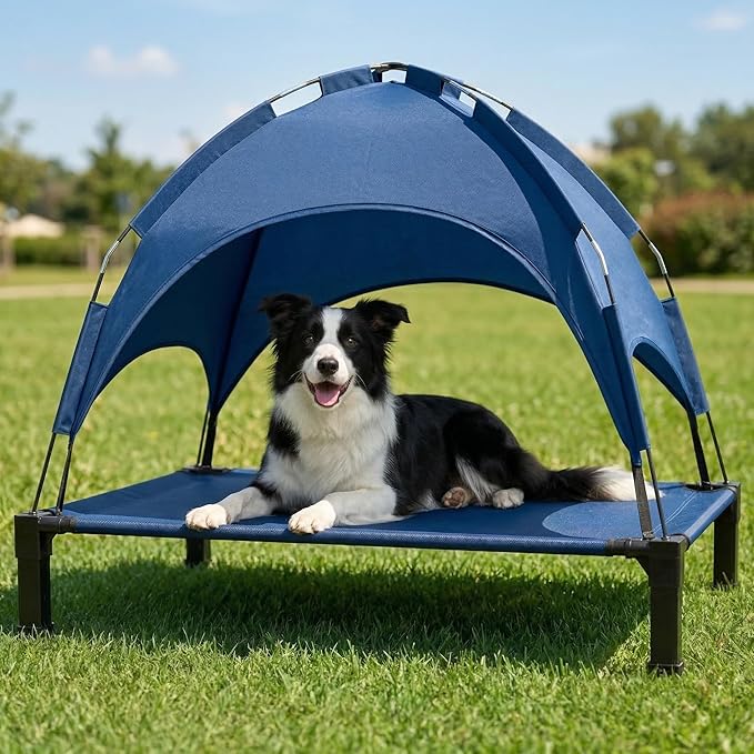Elevated Dog Bed with Canopy Raised Pet Cot for Large Dogs, Outdoor Dog Cot with Removable Sun Shade Tent, Breathable Mesh Portable Dogs Cot for Camping, Beach, Backyard, Outdoor Use
