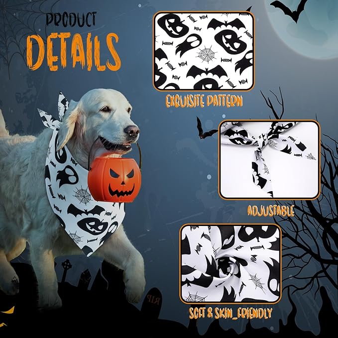 Huhumy 100 Pcs Halloween Dog Bandanas Bulk 3 Sizes Dog Washable Bandana Adjustable Washable Pumpkin Scarf for Halloween Holiday Small Medium Large Pet Supplies