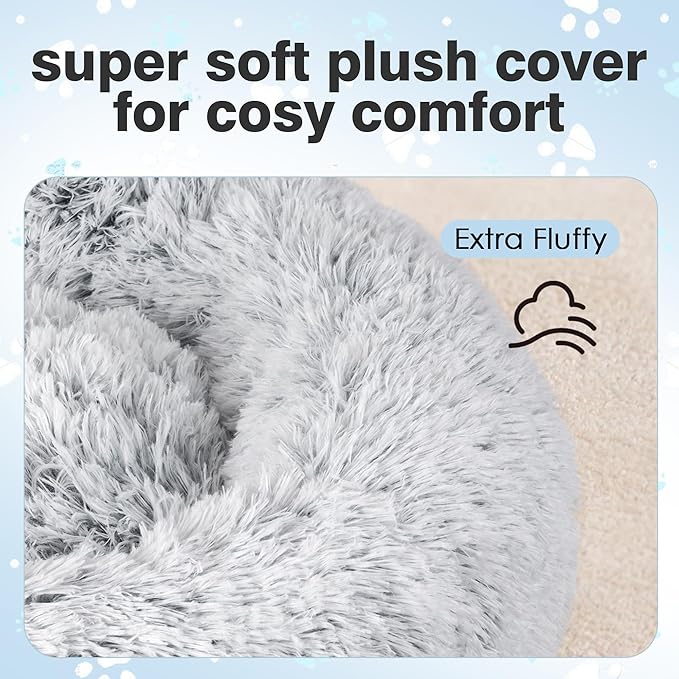 Donut Dog Bed, 23 inches Round Dog Bed with Removable Washable Cover & Foam Filling for Small Medium Dogs and Cats,Cute Pet Bed with Comfort Fluffy Plush Fur & Anti Slip Bottom，Grey