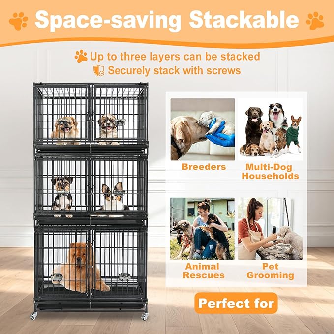 Homey Pet 43 Inch 2 Tiers Dog Crate Cage Kennel with Divider, Stackable Heavy Duty Dog Crate for Large Dogs, Escape Proof Indestructible Dog Kennel Indoor with Removable Tray, Lockable Wheels(3 Packs)