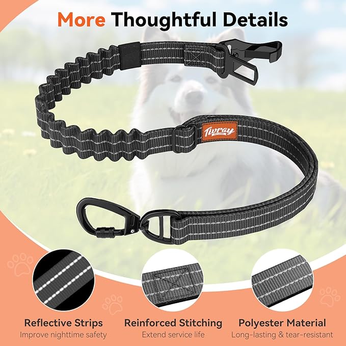 2Pcs Dog Seat Belt, Dog Car Seat Belt Bungee, Car Harness for Pet with Buckle & Hook Latch, Safety Leash Vehicle, Adjustable Reflective Pet Vehicle Tether, 360° Swivel Lock Clasp, Gray & Black