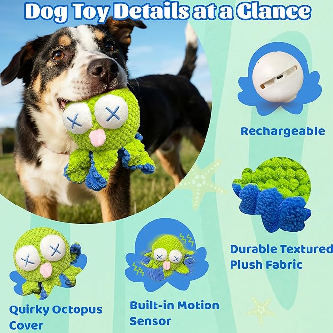 GUKCO Interactive Octopus Dog Toys – Rechargeable Dog Squeaky Toy with Bouncing Ball, Music, Recording & Silent Modes – Moving Toys to Keep Dogs Busy for Small, Medium & Large Breeds