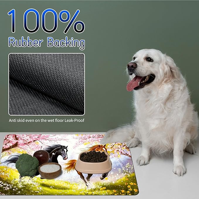 Dog Food Mat, 15.7" x 23.6" Absorbent Pet Feeding Mat for Food and Water, Waterproof Diatom Mud Pet Placemat with Non-Slip Rubber Backing, Cat Bowl Mat for Floors - Black Yellow Horse