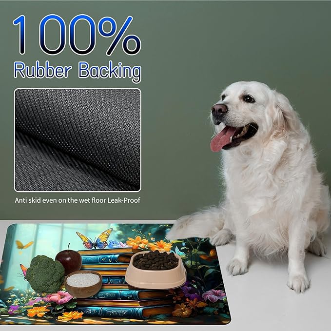 Dog Food Mat, 15.7" x 23.6" Absorbent Pet Feeding Mat for Food and Water, Waterproof Diatom Mud Pet Placemat with Non-Slip Rubber Backing, Cat Bowl Mat for Floors - Book Butterfly Flowers