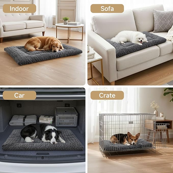 Washable Dog Bed Reversible Dog Beds for Crate Soft Fluffy Kennel Pad Anti-Slip Pet Sleeping Mat for Large Jumbo Medium Small Dogs (Grey, 53.00" x 36.00" x 1.50")