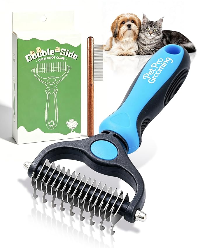 Pet Pro Grooming Tool, Dematting Comb for Dogs and Cats, Deshedding Dog Brush, Undercoat Rake for Dogs, Removes Tangles Knots and Loose Fur, Grooming Tool for Thick Coats (Blue)