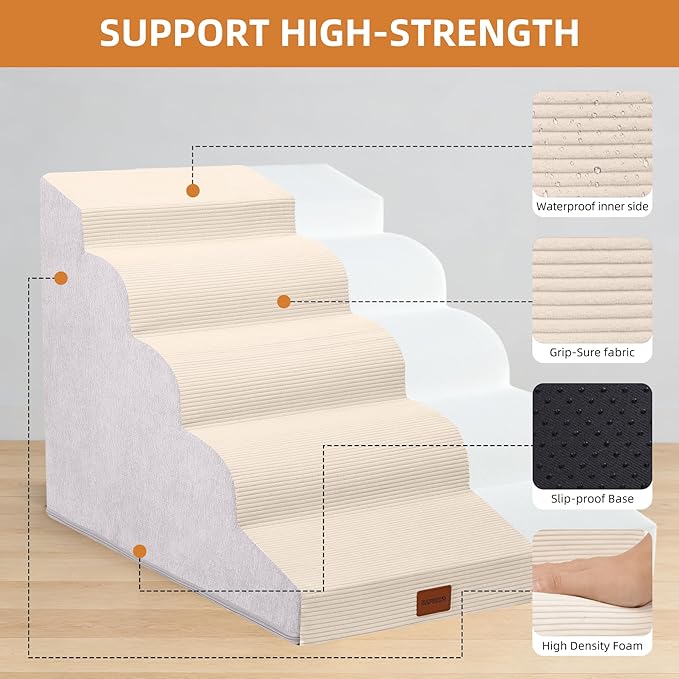 Dog Stairs for Small Dogs and Cats, 22.6" H, 5-Step Curved Pet Ramp for High Bed, Non-Slip Medium Pet Steps with High Density Foam, Beige