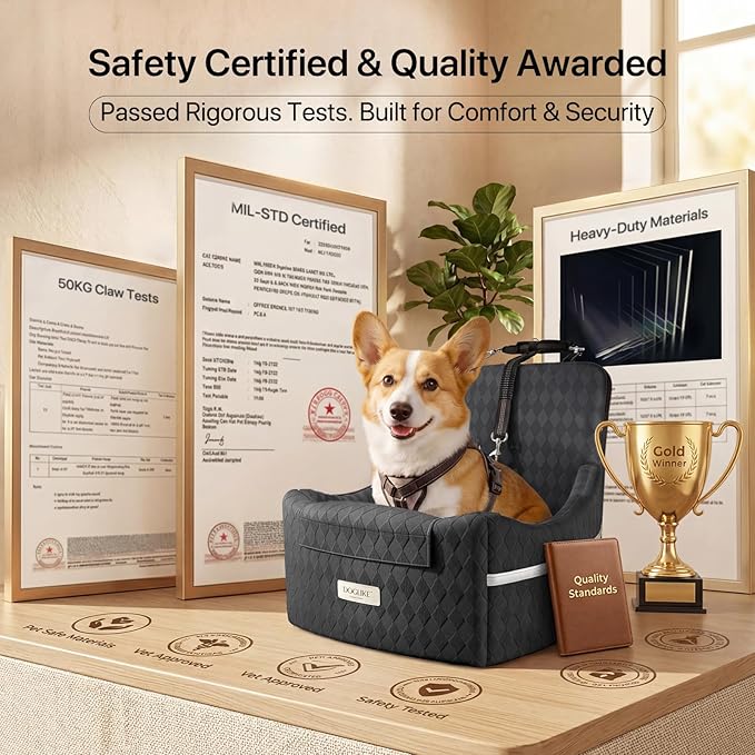 Doglike Dog Car Seat for Small Dogs [2026 Ultimate Comfort & Safety], 5" Memory Foam Pet Booster Seats Up to 35 lbs with Detachable Washable Cover, Travel-Safe Car Bed with Puppy Safety Belt, Black