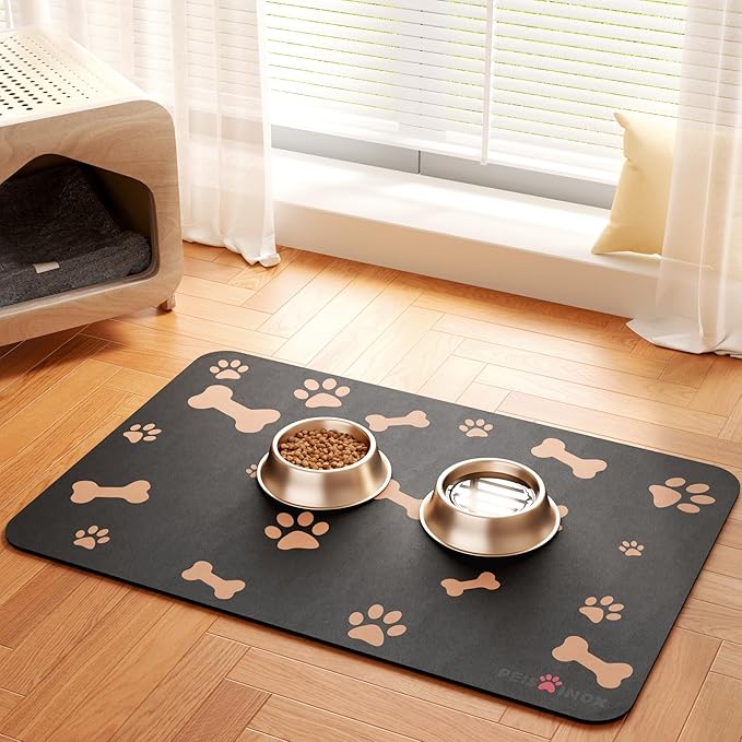 PEISAINOX Cat Dog Food Mat, Rapid Water Absorption Dog Mat for Food and Water,100% Waterproof Cat Dog Bowl Mat,16"x24"-Black