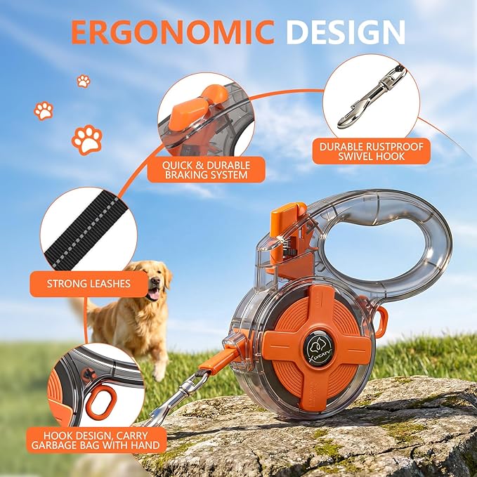 Lightweight and Retractable Dog Leash - Anti-Entanglement and one-Hand Brake, Easy to Control - 13-Foot Durable Dog Leash, Designed for Women, Suitable for Small/Medium Dogs - Comfortable Grip