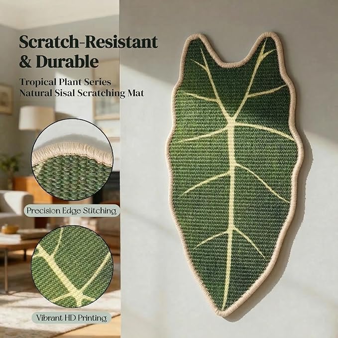 Premium Natural Sisal Botanical Leaf Cat Scratcher Mat, Extra Large Leaf-Shaped for Wall & Floor, Indoor Jungle Decor, Furniture Protector, Durable Cat Scratcher with Stylish Leaf Design (Velvet taro)