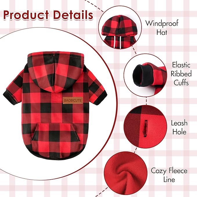 Dog Basic Hoodie Soft Dog Clothes Cold Weather Sweaters for Medium Large Dogs Cozy Fabric Warm Sweatshirt with Leash Hole for Boys (Red Plaid, Small (5-10 lbs))