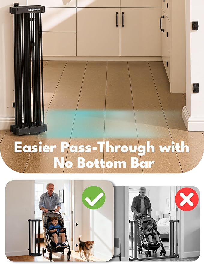 No Pawblems Retractable Safty Gate, Metal Adjustable Dog Gate for Doorways, Stairs & Hallways, Expands to 38" Wide, Auto Retract Design, No Bottom Bar, Black