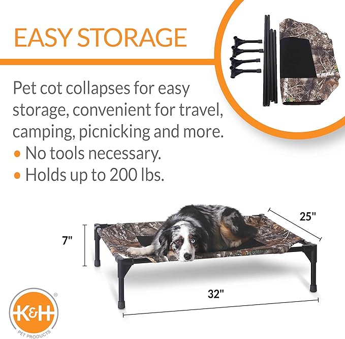 K&H Outdoor Elevated Dog Bed - Cooling Raised Dog Bed for Small & Medium Pets, Breathable Mesh Center Hammock Design, Indoor/Outdoor Washable Cover, Portable Metal Frame, Camo, Medium 32x25in
