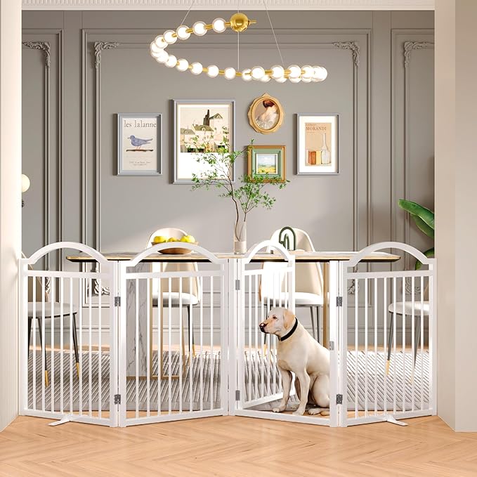 BHG Metal No-Assembly Freestanding Dog Gate with Door Walk Through, Extra Wide 96", Extra Tall 32" Pet Gate, Accordion Puppy Folding Playpen Dog Fence for Indoor & Outdoor, with 2PCS Support
