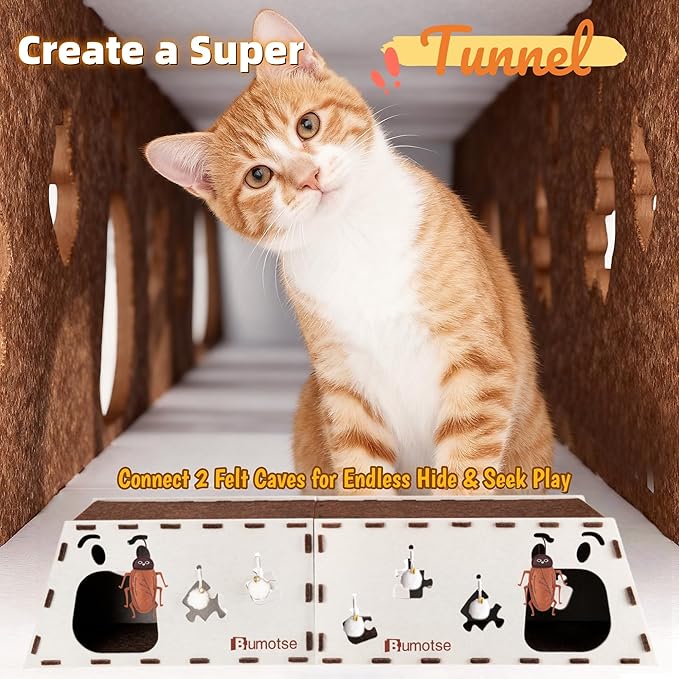 2-Story Felt Cat Bed Cave for Indoor Cats, Modular Tunnel Hideaway House for Large Cats Up to 22LB, Cozy Washable Felt Cat Condo for Sleeping, Playing & Hiding, Cream