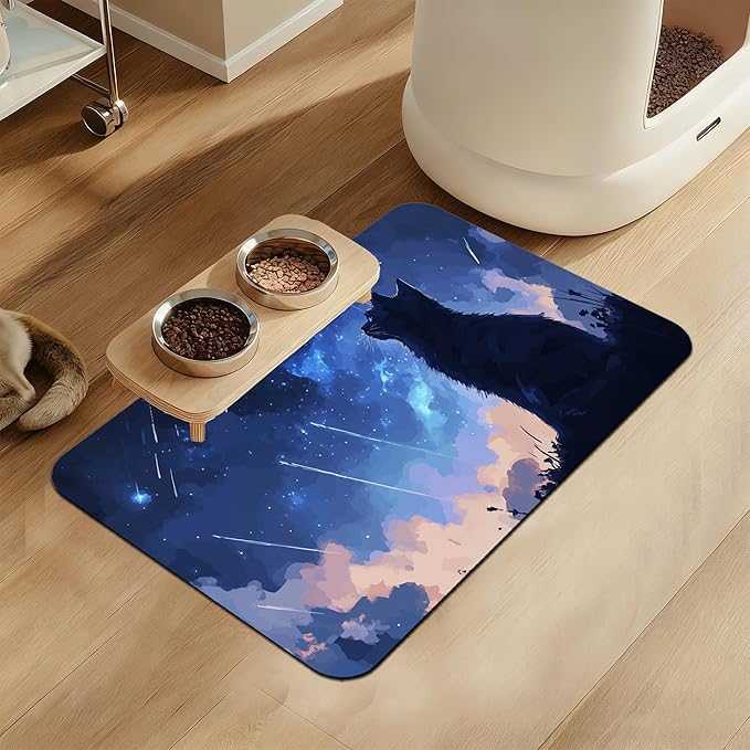 Starry Night Cat Dog Food Mat–Absorbent Quick Dry Feeding Placemat for Food and Water Bowls, Non Slip Rubber Backing, Waterproof Pet Supplies for Mess-Free Eating 12"x20"