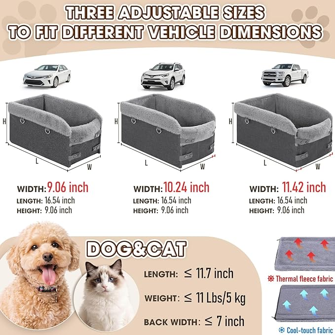 Small Dog Car Seat - Portable Center Console Puppy Booster Seats, Support Pet Up to 11lbs, Adjustable Width Travel Carseat for SUV, Truck, Removable for Cleaning (Dark Grey)