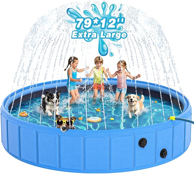 EPN 79” Foldable Dog Pool with Sprinkler, Large Collapsible Pet Pool for Dogs, Heavy Duty PVC & PP Portable Dog Swimming Pool, Non-Slip Outdoor Bathing Tub & Kiddie Pool for Backyard Summer Play